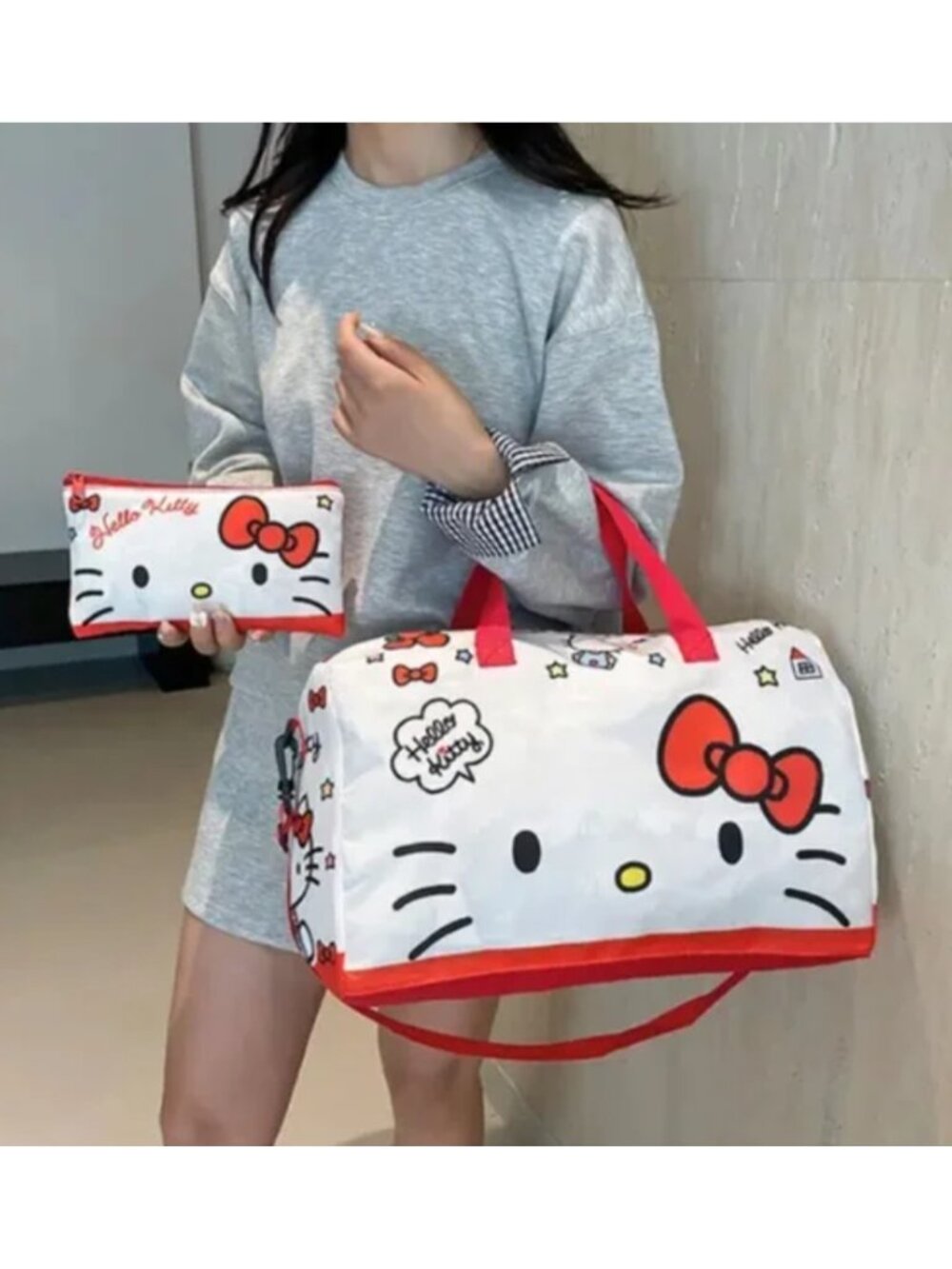 Hello Kitty 2Pc Foldable Travel Duffle Bag Matching Cosmetic Pouch Large Capacit